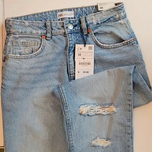 Zara Classic Mom Fit Jeans High Rise Ankle Length Ripped